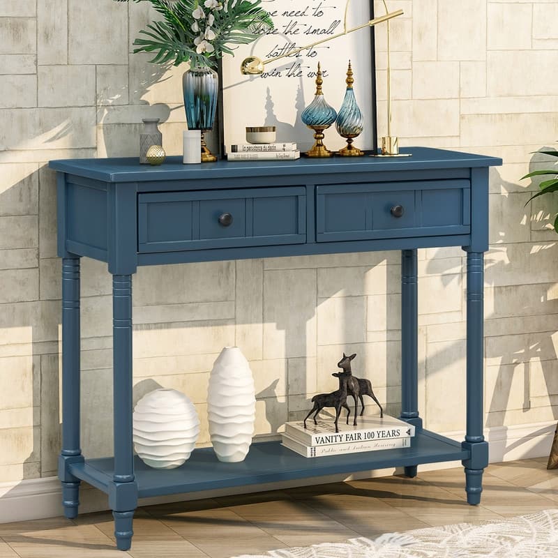 Narrow Console Table, Traditional Pine Wood Design with 2 Drawers and Bottom Shelf for Living Spaces