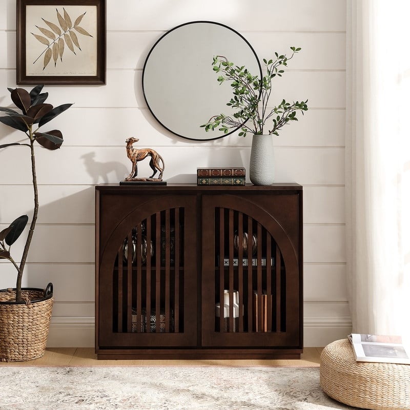 Mid Century Modern Fluted Sideboard Buffet with Storage and Outlet Holes for Living Room Entryway Hallway Kitchen Coffee Bar - Dark Walnut