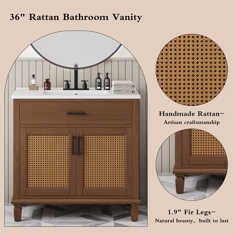 36" Bathroom Vanity with Ceramic Sink, Bathroom Sink Cabinet with 2 Soft Close Doors and 3 Drawers