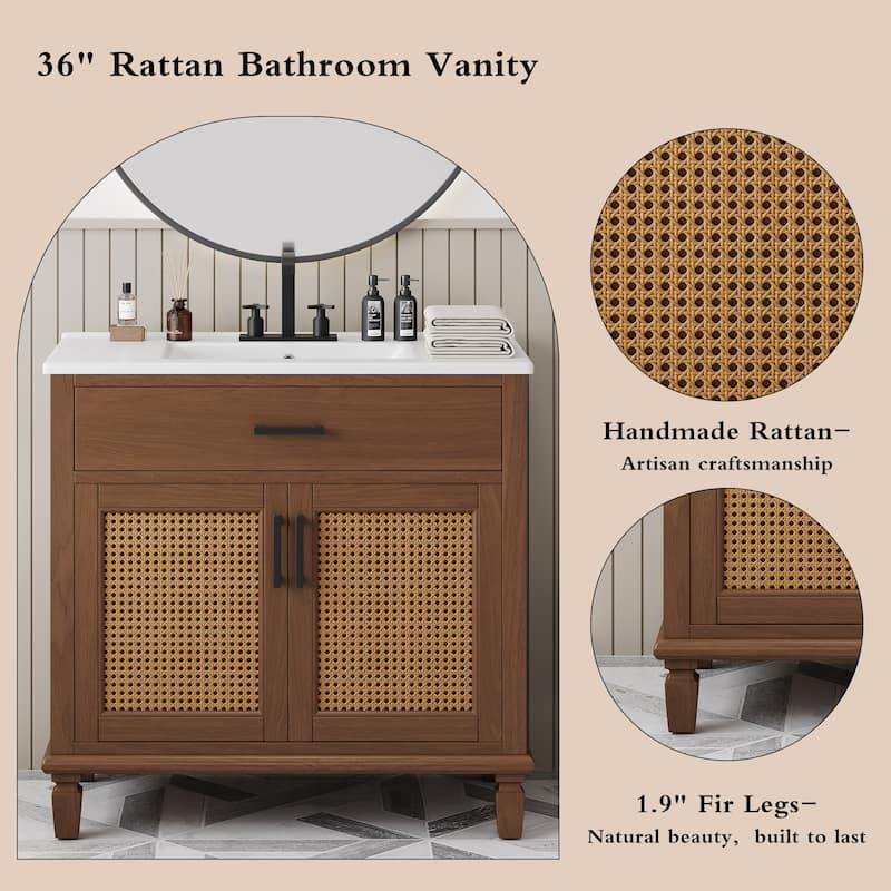 36" Free-standing Rattan Bathroom Vanity with Ceramic Sink, Soft Close Doors, Solid Wood Legs, 3 Drawers