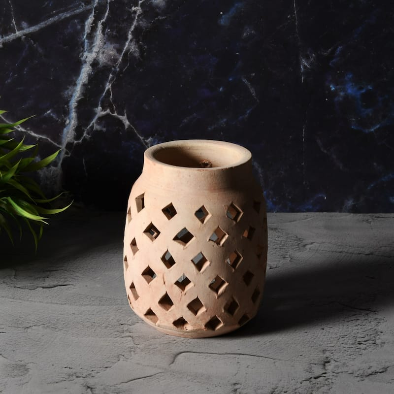 Diamond Cut Out Solid Terracotta Vase - 7" - Brown