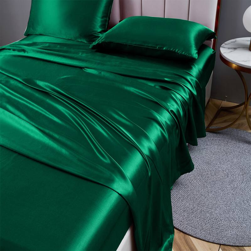 Silky Satin Bed Sheets Set Pillowcase Deep Pocket Flat Fitted Sheet