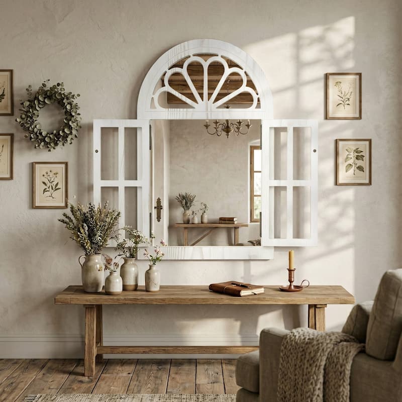 Solid Wood Arched Framed Windowpane Accent Mirror Wall Mirror