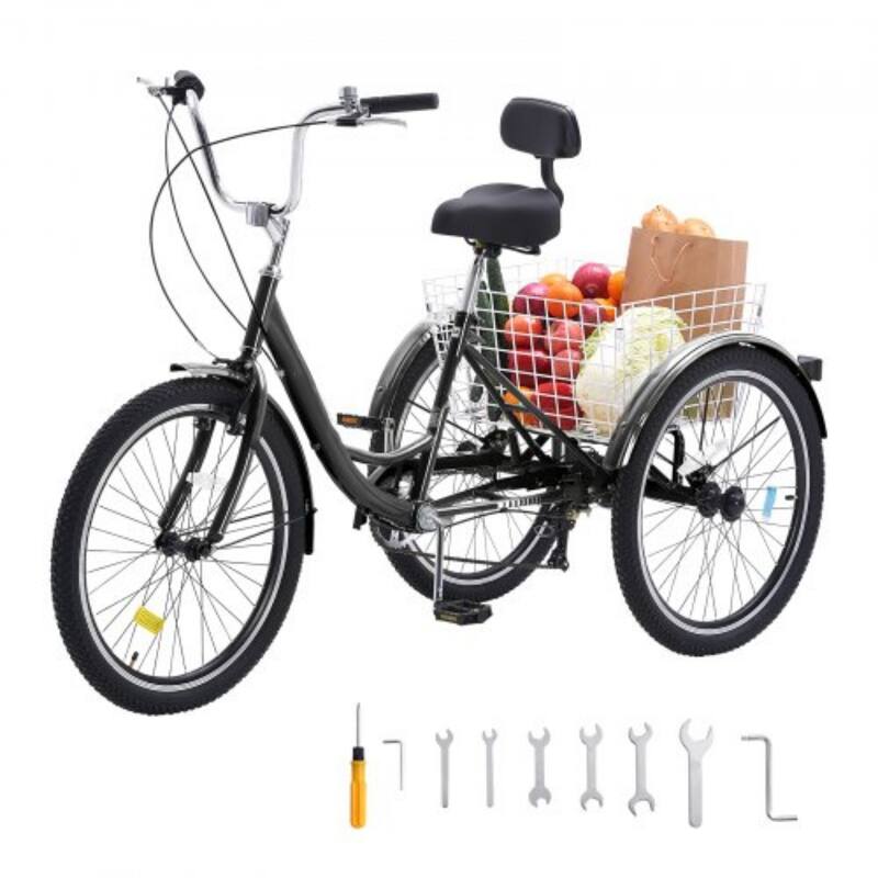 Black Carbon Steel 3-Wheel Bike with 7-Speed and Cargo Basket - 68.5” L x 29.9” W x 44.9” H