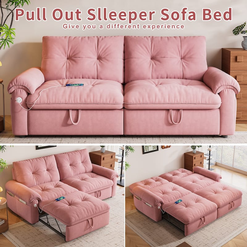 2-in-1 Velvet Pull Out Sleeper Sofa Bed Convertible Loveseat Couch for Sitting, Napping or Sleeping with Side Pockets and USB