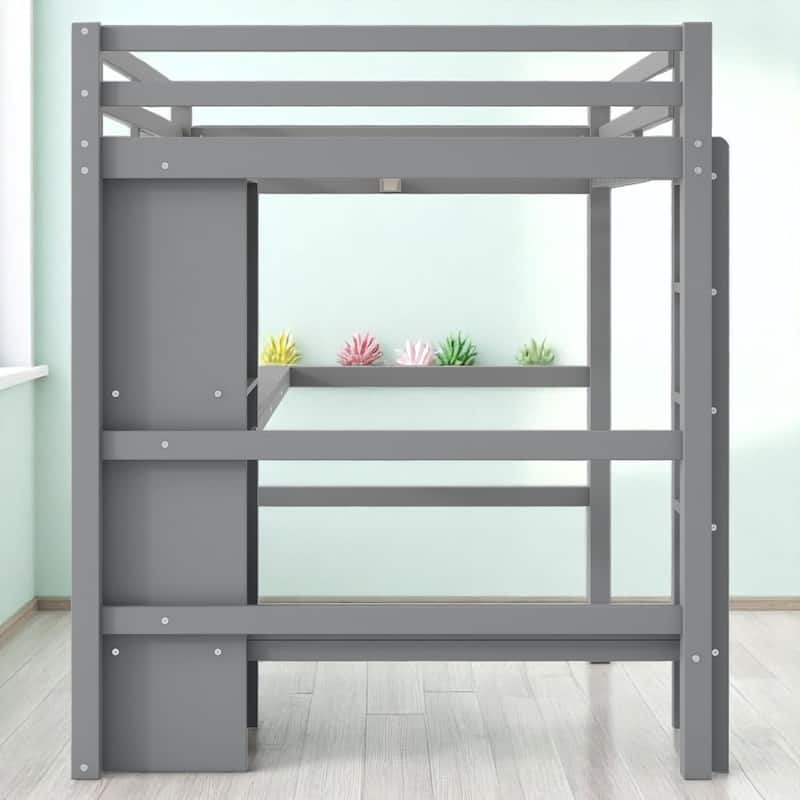 Full Loft Bed with Built-in Desk and Playful Shelves, Modern Wood Frame with Guardrails, Space-Saving Design
