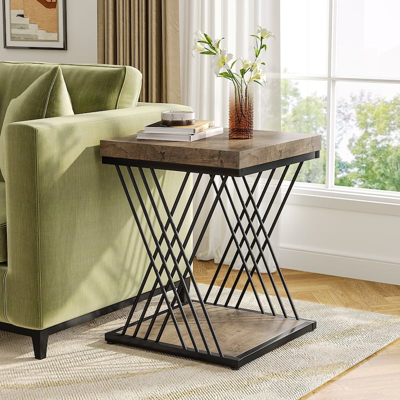 Square Side End Table for Living Room, Nightstand for Bedroom - 1PCS - Grey+Black