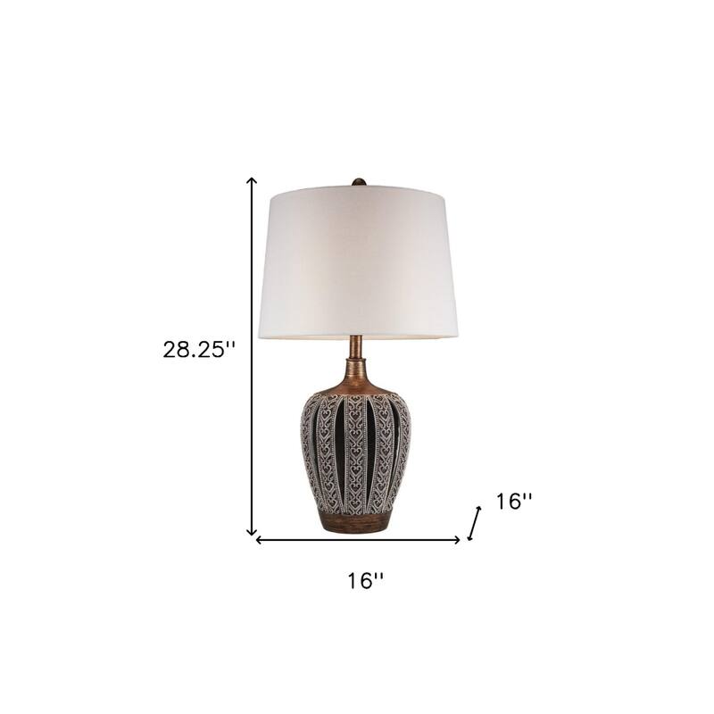 Brown Polyresin Bedside Lamp with White Empire Shade 3 Way Switch - 16” x 16” x 28.25” (D x W x H)