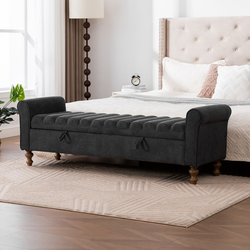 65.6"W Upholstered Storage Bench With Rolled Armrest, Rubberwood Legs - Charcoal