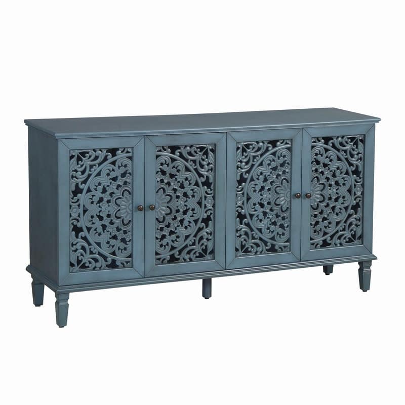 60" Antique Buffet Sideboard with Floral Carvings Solid Wood Legs and Adjustable Shelves for Versatile Storage