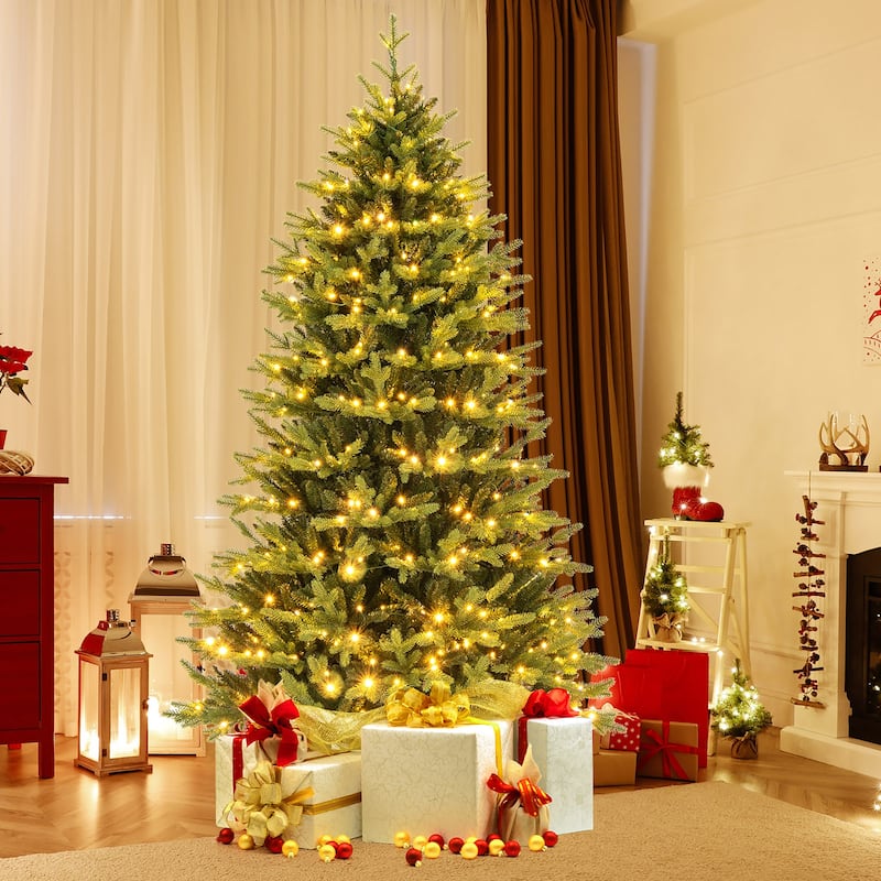 Gymax 7 FT Pre-Lit Artificial Christmas Tree Hinged Xmas Tree w/ 470