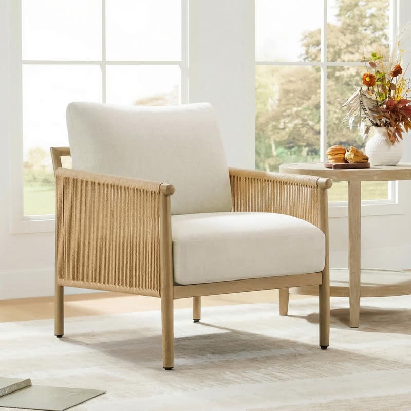 Spruce & Spring Braid Boho Accent Chair with Woven Paper Rope Armrest & Wood-Look Metal Frame - Single - Linen
