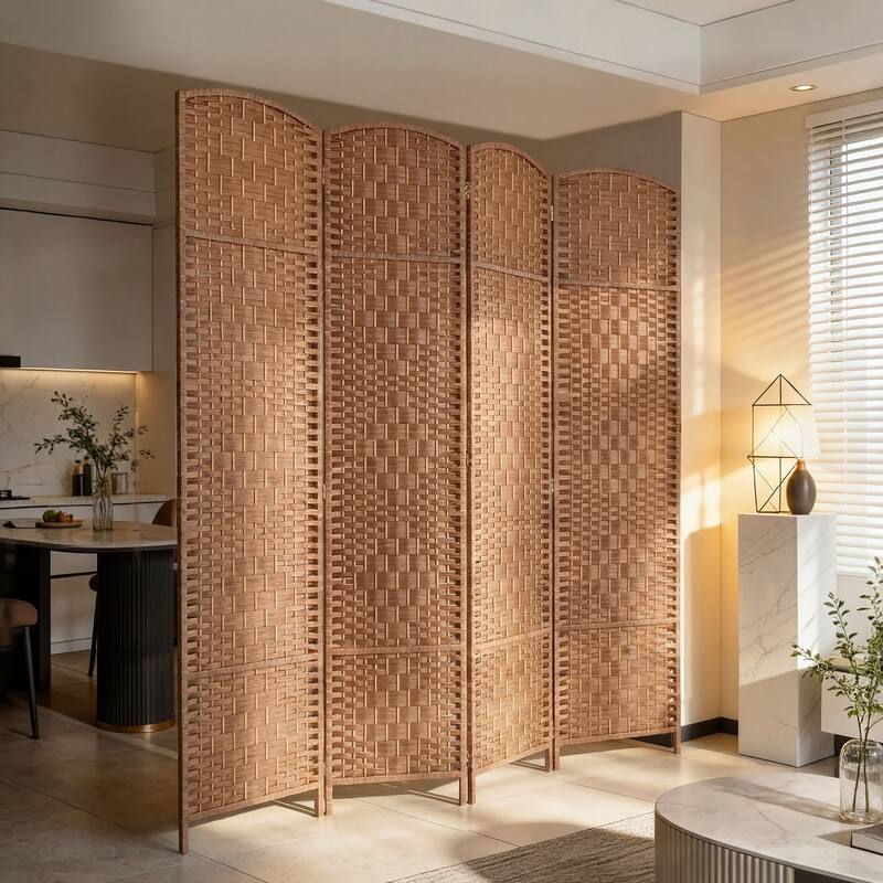 HomCom 6' Tall Wicker Weave Four Panel Room Divider Privacy Screen - Natural Blonde Wood