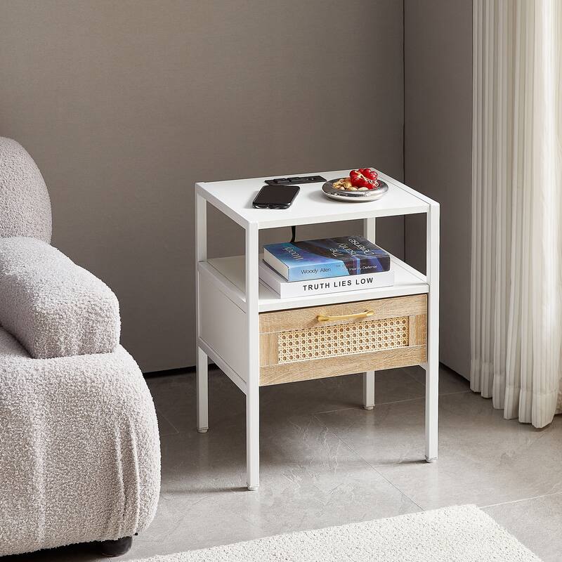 Set of 2 Rattan End table with Power Outlet and USB Ports