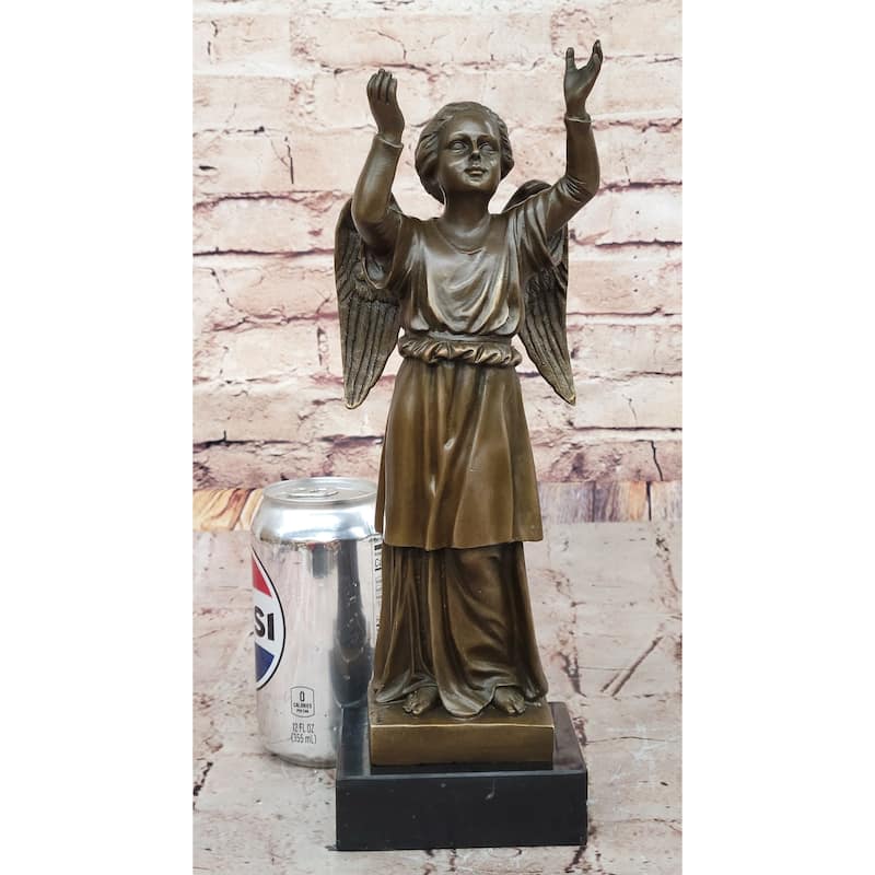 Bronze Child Angel Statue With Upraised Arms – Spiritual Décor On Marble Base