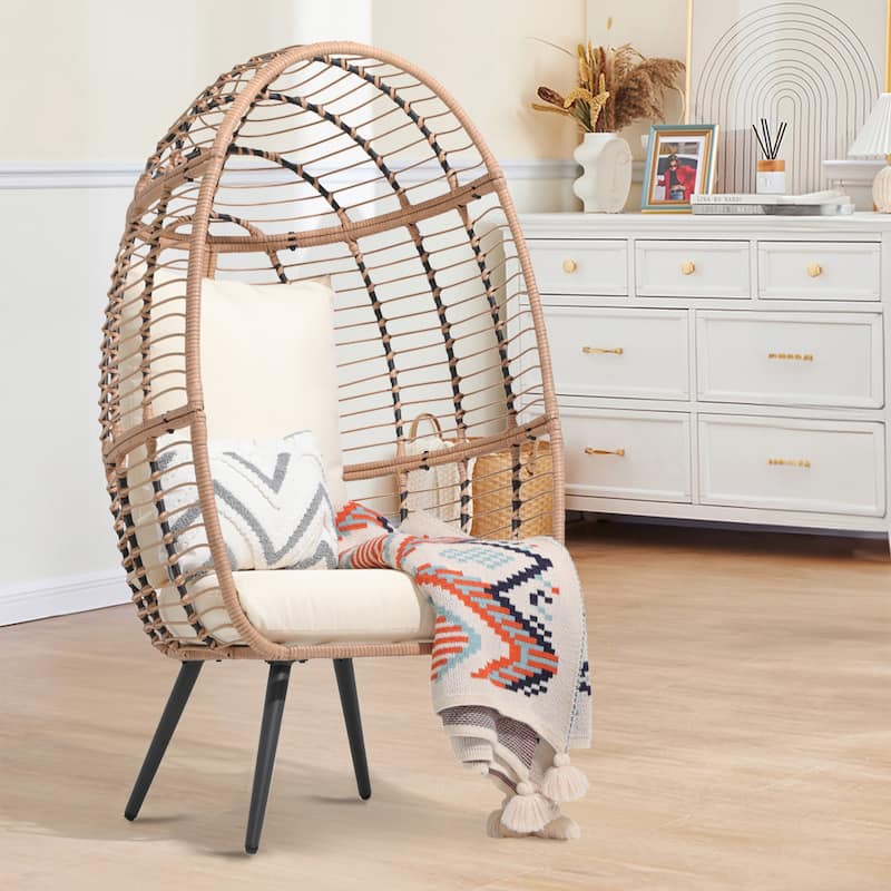 Outdoor 1-Person Wicker Rattan Egg Chair with Stand & Cushion for Porch, Bedroom - Beige