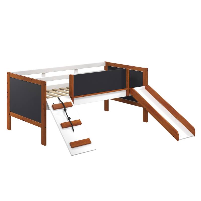 Oak Twin Size Solid Wood Loft Bed with Slide and Fence for Kids, Boys and Girls, Bedroom