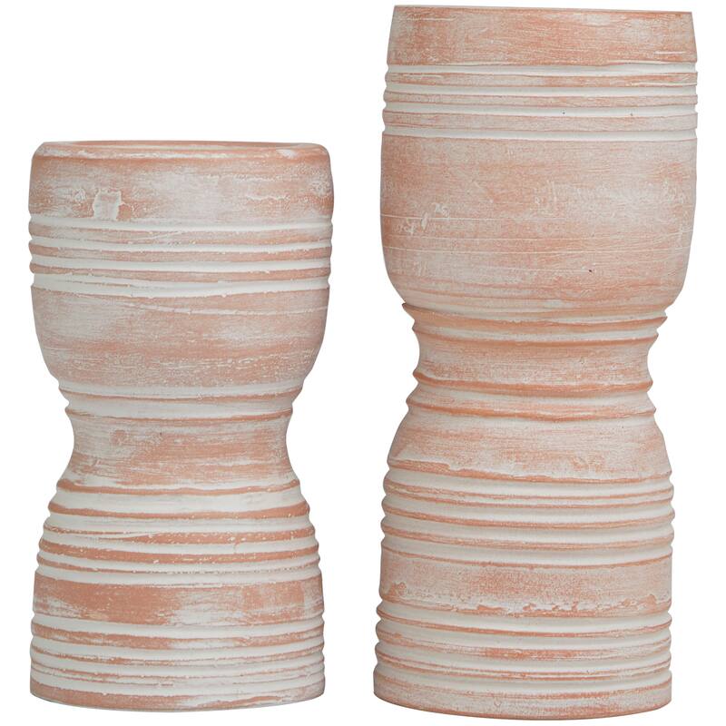 Ceramic Whitewashed Ribbed Terracotta Candle Holder - Set of 2 Pink - Roche River Decor - 5"W x 5"L x 11"H