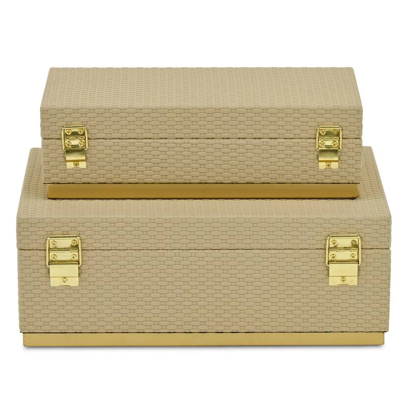 Tamsin Set of 2 Rectangular Decorative Storage Boxes - Wicker Weave Pattern with Gold Hardware
