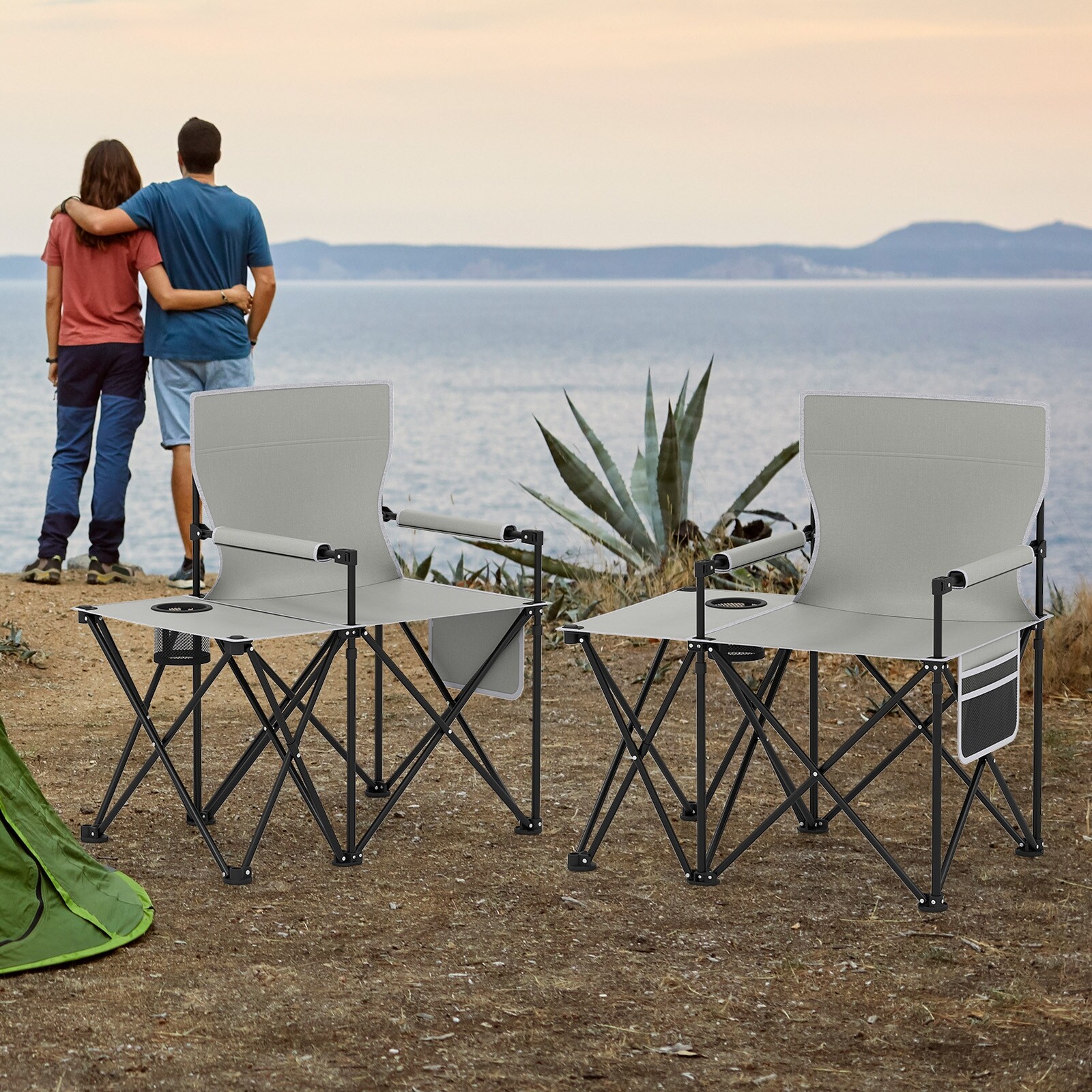 Gymax 2PCS Oversized Camping Chair w/Side Table 2 Storage Pockets