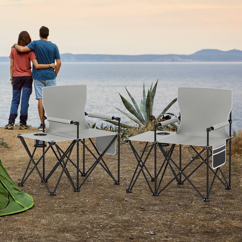 Gymax 2PCS Oversized Camping Chair w/Side Table 2 Storage Pockets Cup