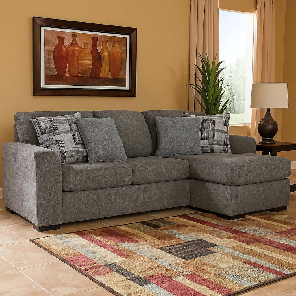 Iqay Sectional Sofa Chaise, 4 Pillows, Pewter Gray Polyester 101 Inch