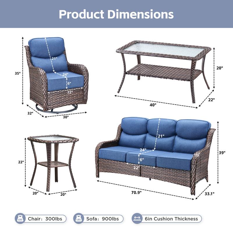 Meyreso 7-Piece Wicker Patio Conversation Set with Swivel Gliders and 6-Inch Thick Cushions