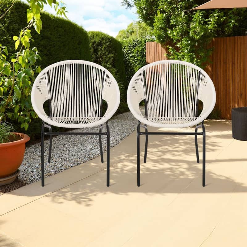 Sanu Outdoor Accent Chair Set of 2, White PE Rattan, Black Iron, Round Back