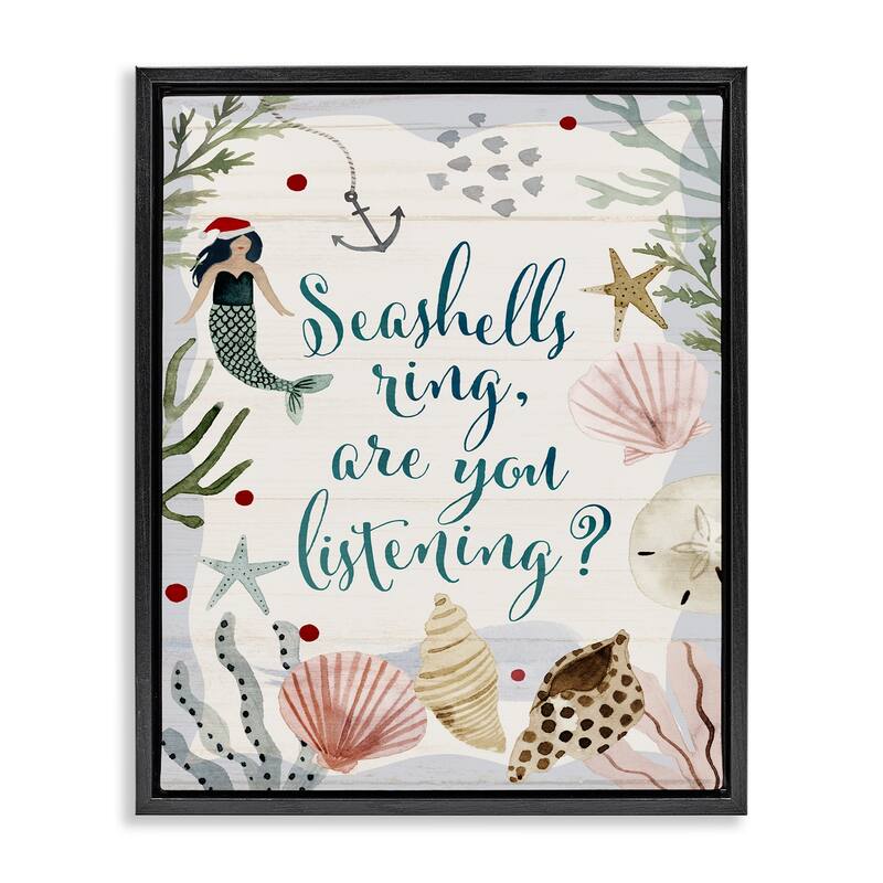 Stupell Seashells Ring, You Listening Phrase Nautical Beach Christmas Floater Frame - Off-White - 17 x 21 - Black