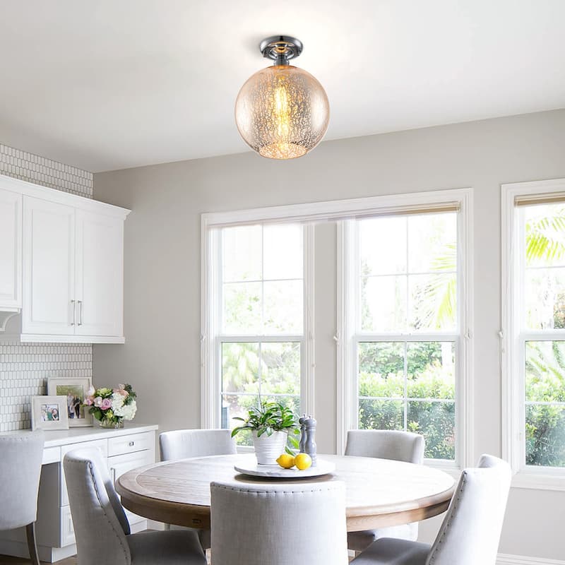 1 Light Semi-Flush Mount Ceiling Light with Cognac Crackle Glass Globe - Dia.10-in