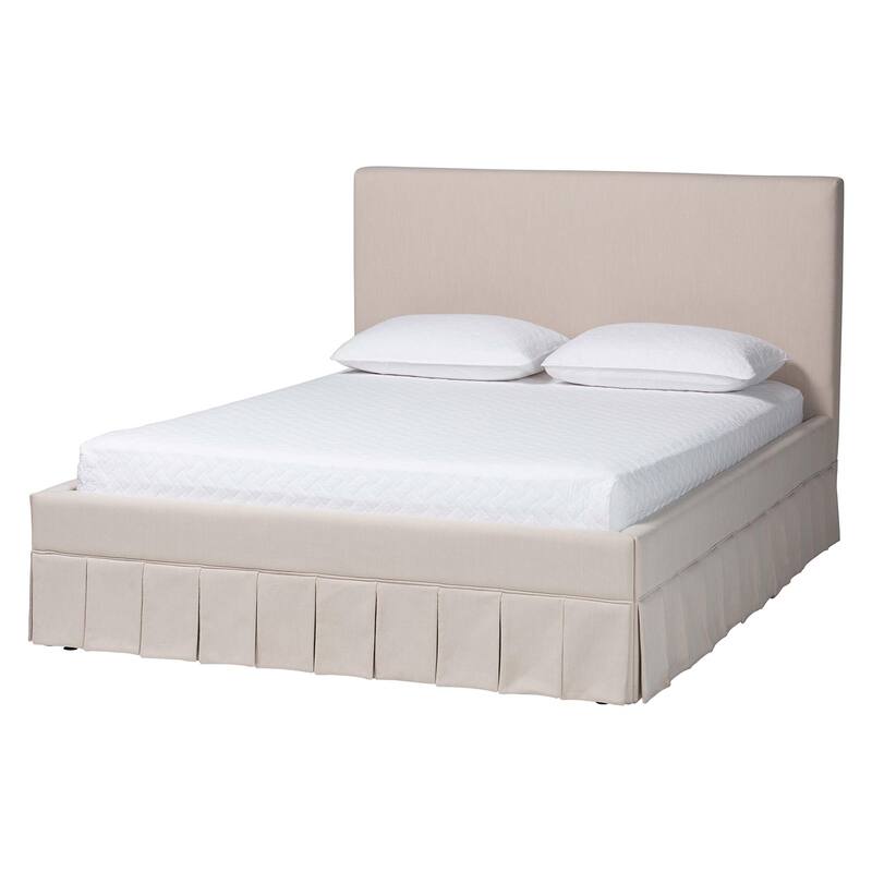 Astin Platform Bed with Pleated Skirt- Fabric Upholstered Bed Frame with Panel Headboard, Queen - Beige - Queen