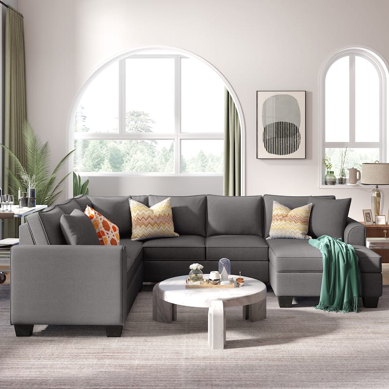 110*86" Sectional Sofa Upholstered Modern English Arm Classic U-shaped Sofa 3 Pillows Included - Dark Grey
