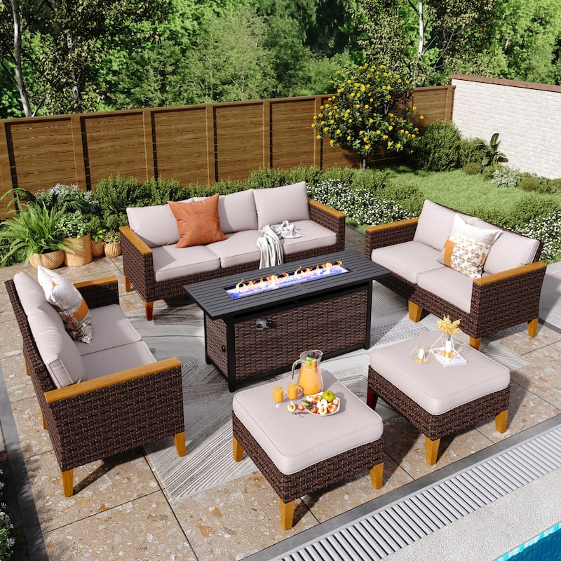 8-Piece Patio Outdoor Wicker Sectional Sofa Set, Large Seating Furniture Conversation Sets with Fire Pit Table - 9-Seat - Type Q