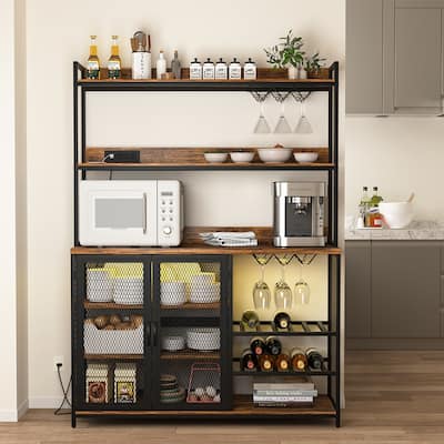 Coffee Bar Wine Cabinet with Power Outlet and LED Strip