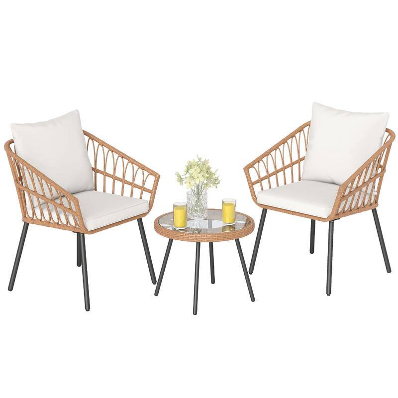 3 Piece Brown PE Rattan Patio Bistro Set with Beige Cushions asnd Glass Table - Chair: 24.5” × 23” × 31” (L × W × H)