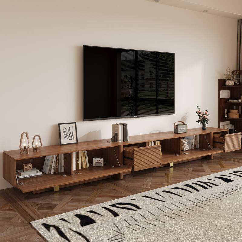 71" Modern Wooden TV Stand, Floor-Standing Media Console with Ribbed Storage and Gold Accents