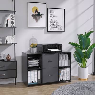 2 Drawer Wooden Lateral File Cabinet with 2 Drawer, 4 open storage shelves