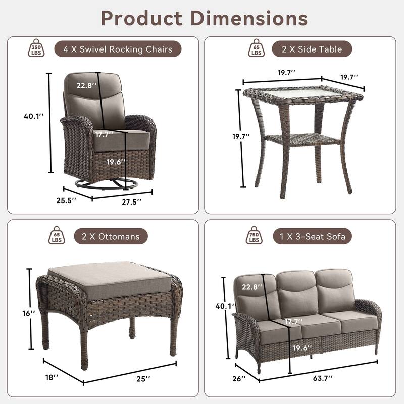 Pocassy Outdoor Wicker Patio Sofa with Swivel Chair Ottoman Sets
