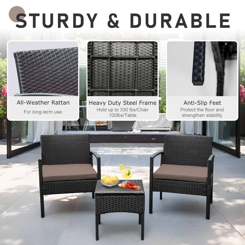 Outdoor Furniture 3 Piece Patio Bistro Furniture Set, Rattan Conversation Chairs Set with Side Table and Cushions