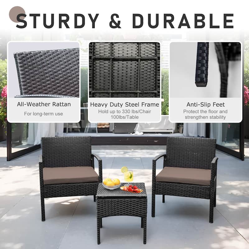3 PCS Outdoor Patio Bistro, Rattan Conversation Chairs Set, Balcony Furniture Set - 28"H x 23.3"W x 23.3"D