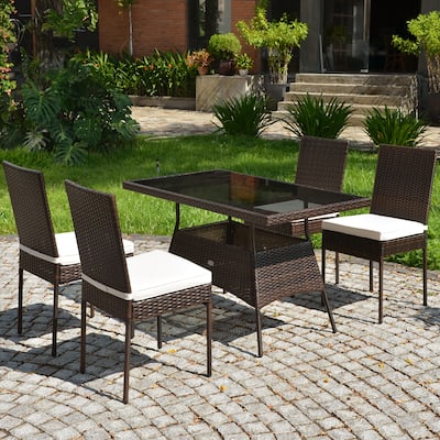 Costway 5 PCS Patio Rattan Dining Set Glass Table High Back Chair - 5-Piece