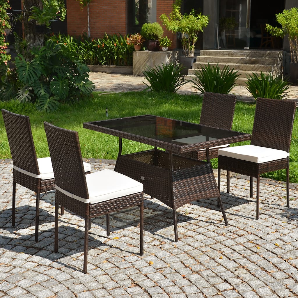 Costway 5 PCS Patio Rattan Dining Set Glass Table High Back Chair - 5-Piece