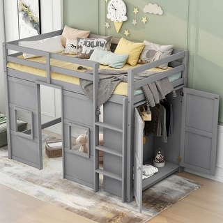 Twin Size Wooden Loft Bed with Built-in Storage Wardrobe and 2 Windows,Playful Design