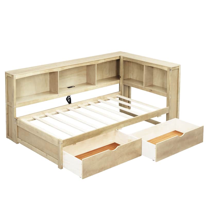 Twin Size Daybed Bed with Two Drawers, Storage Cabinets and USB Ports, Wooden L Shaped Storage Bed for Bedroom