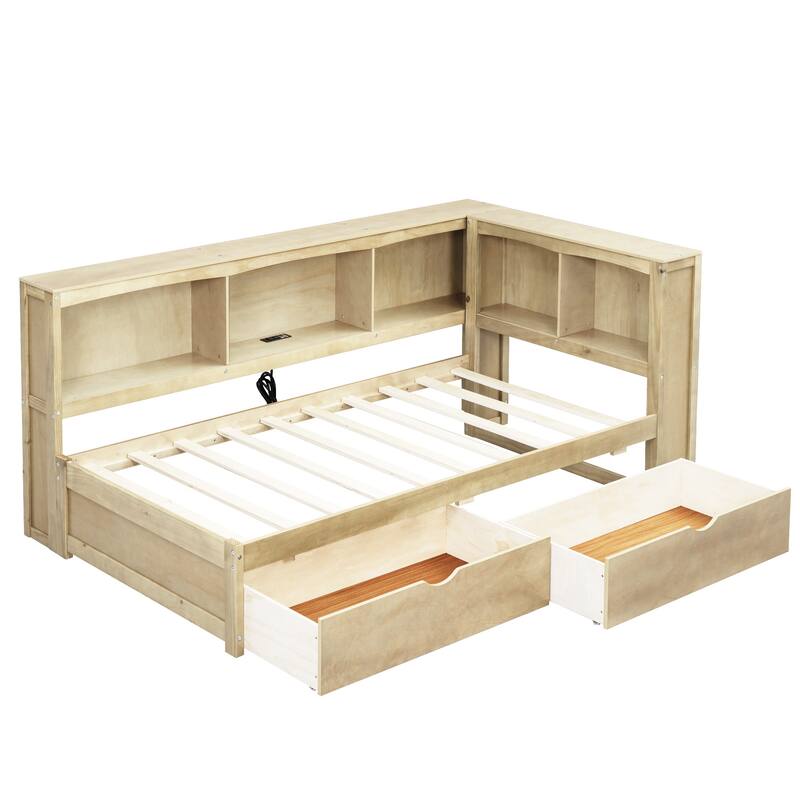 Twin Size Daybed with Built-in Charging Station, 2 Drawers & 5 Side Cabinets, Solid Wood Frame with USB & Outlet Ports
