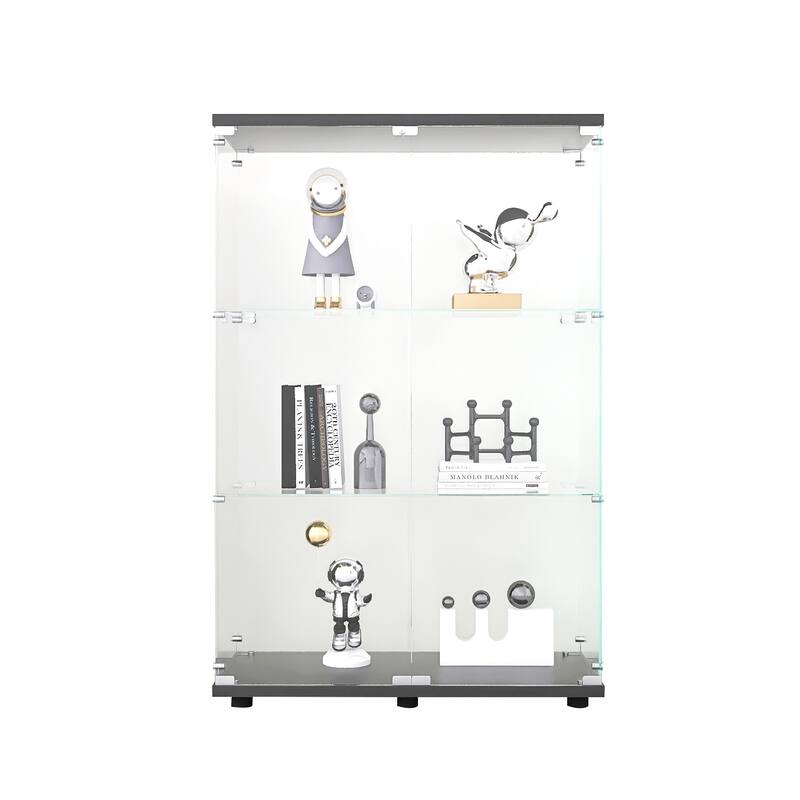 One-Door Glass Display Cabinet with 3 Shelves, Floor Standing Curio Bookshelf with Tempered Glass for Living Room Bedroom Office