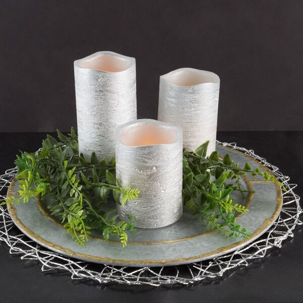 Lavish Home Flameless LED Candles Set of 3 Wax Battery Powered Pillar Candles with Remote Silver Flameless