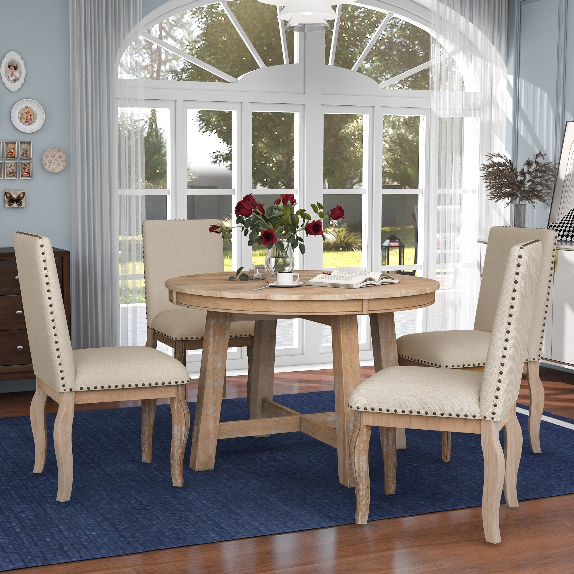 5 Piece Farmhouse Extendable Round Dining Table Set with Upholstered Chairs Natural Wood Finish Espresso