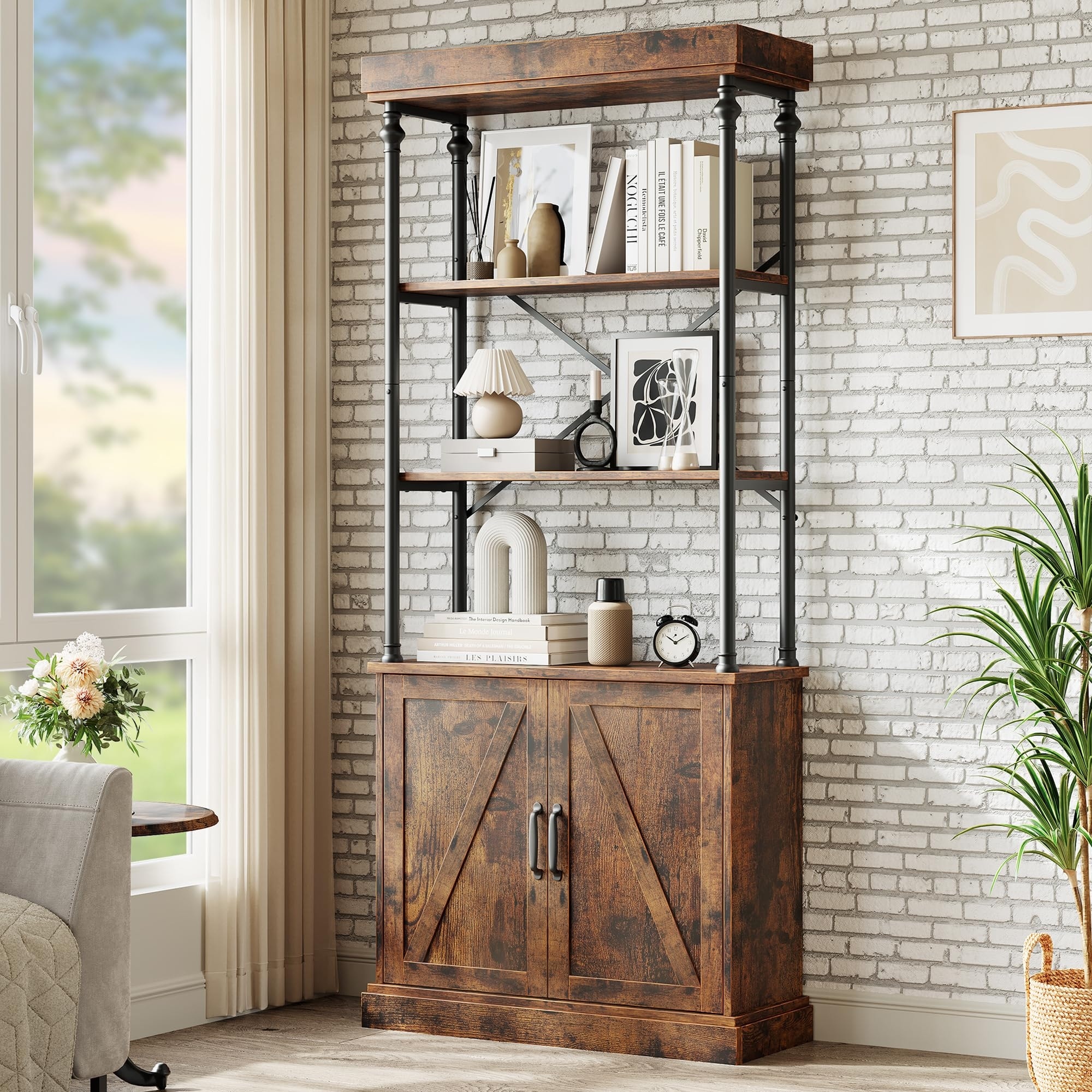 Tall Bookshelf with Doors Industrial Bookcase Freestanding Shelf