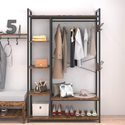 Free-Standing Closet Organizer, Portable Garment Rack with Open Shelves and Hanging Rod, Black Metal Frame